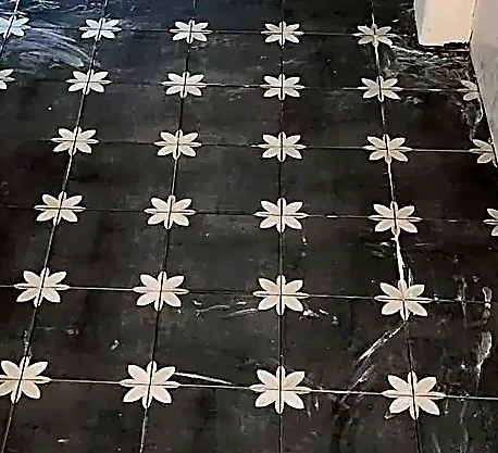 Dark patterned field, motif centered to the room
